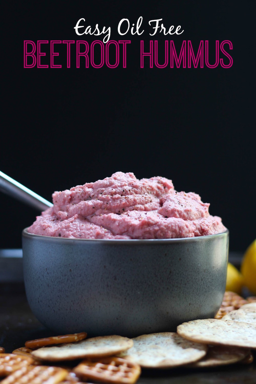 Oil Free Beetroot Hummus Recipe heaped in a bowl