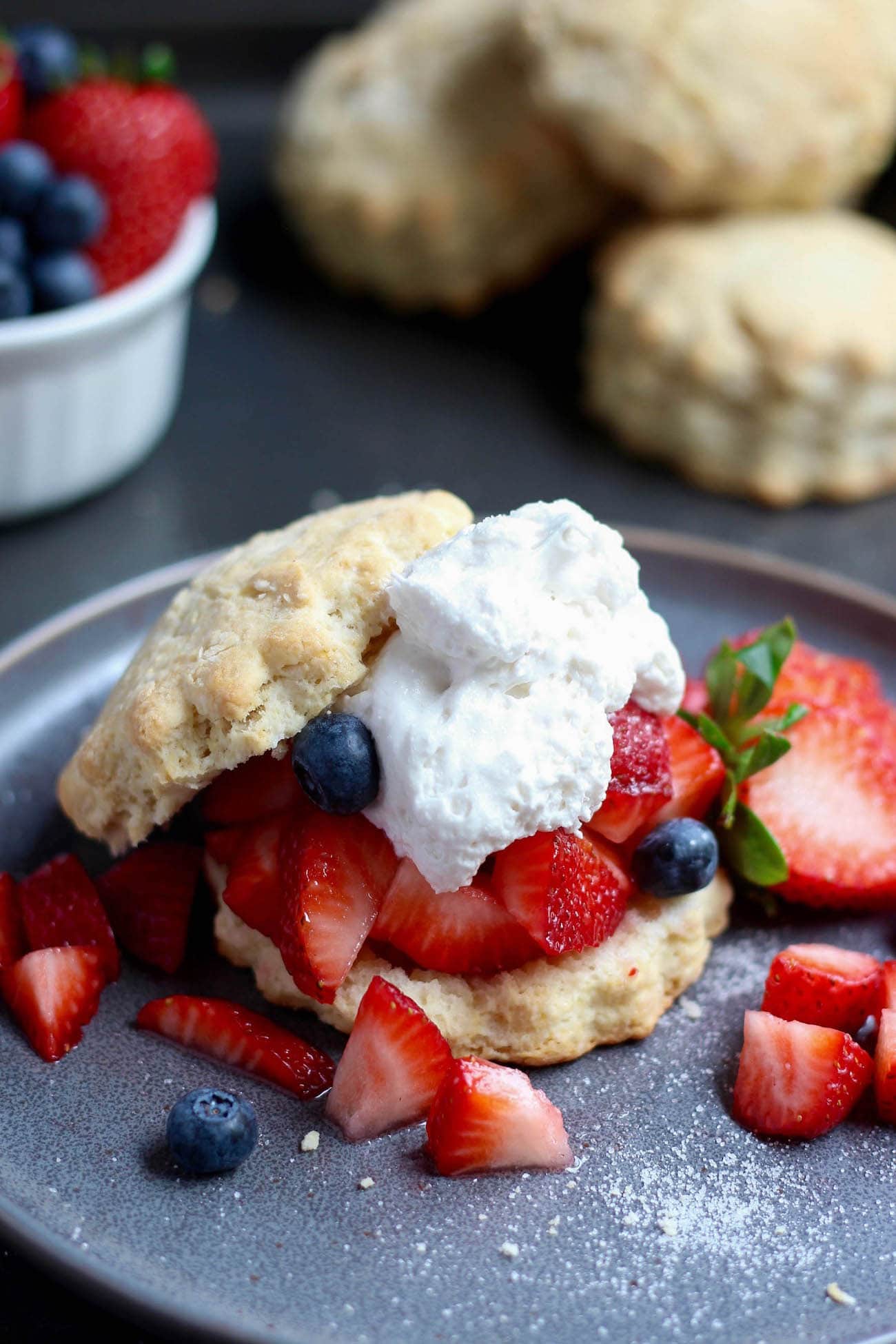 Vegan Strawberry shortcake with coconut whipped cream and berries