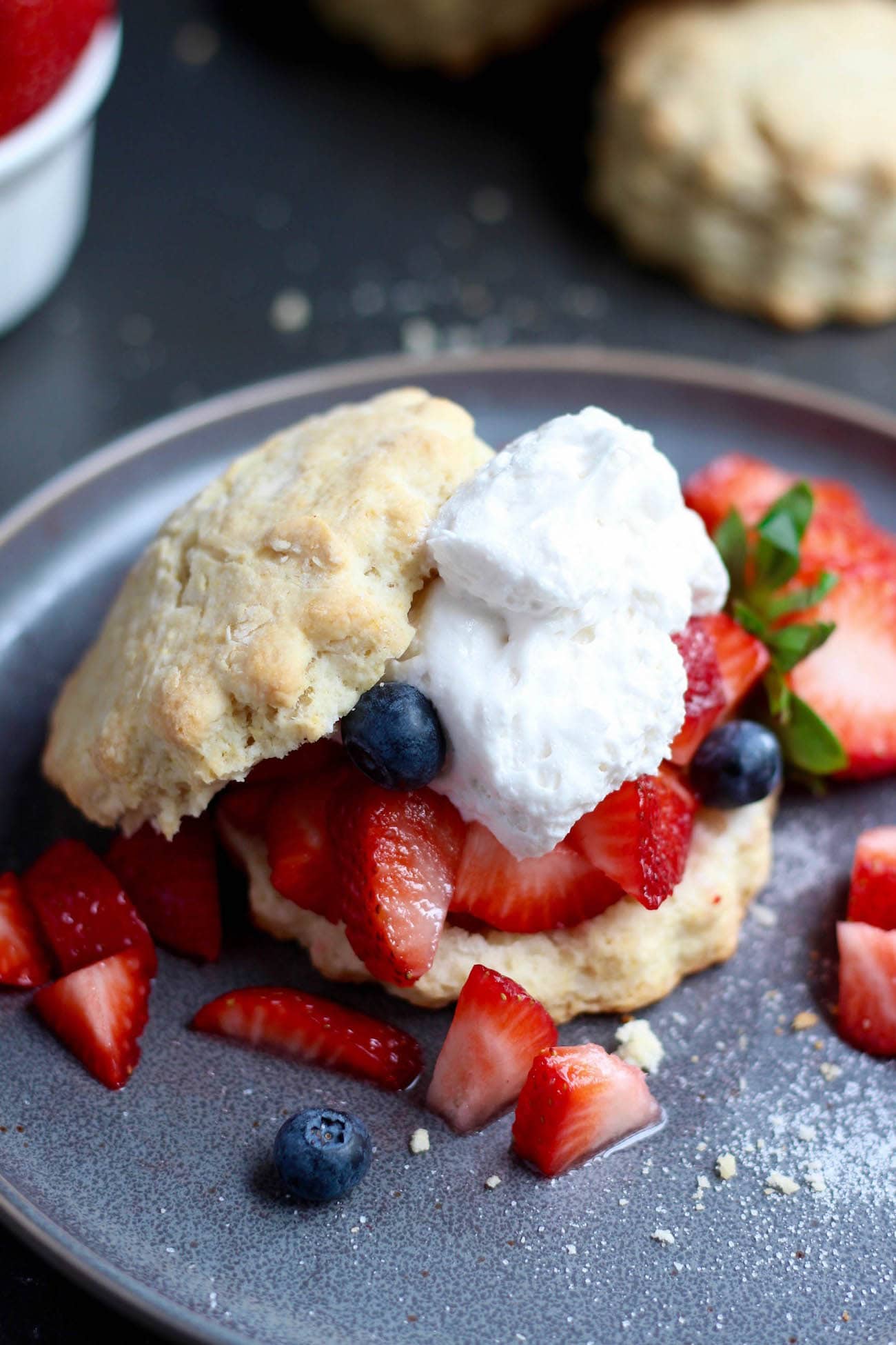 Vegan Strawberry shortcake with coconut whipped cream on plate