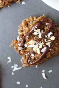 above shot on a almond butter coconut no bake cookie