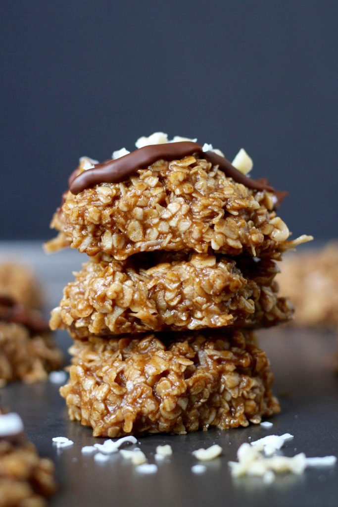 vegan no bake cookies stacked