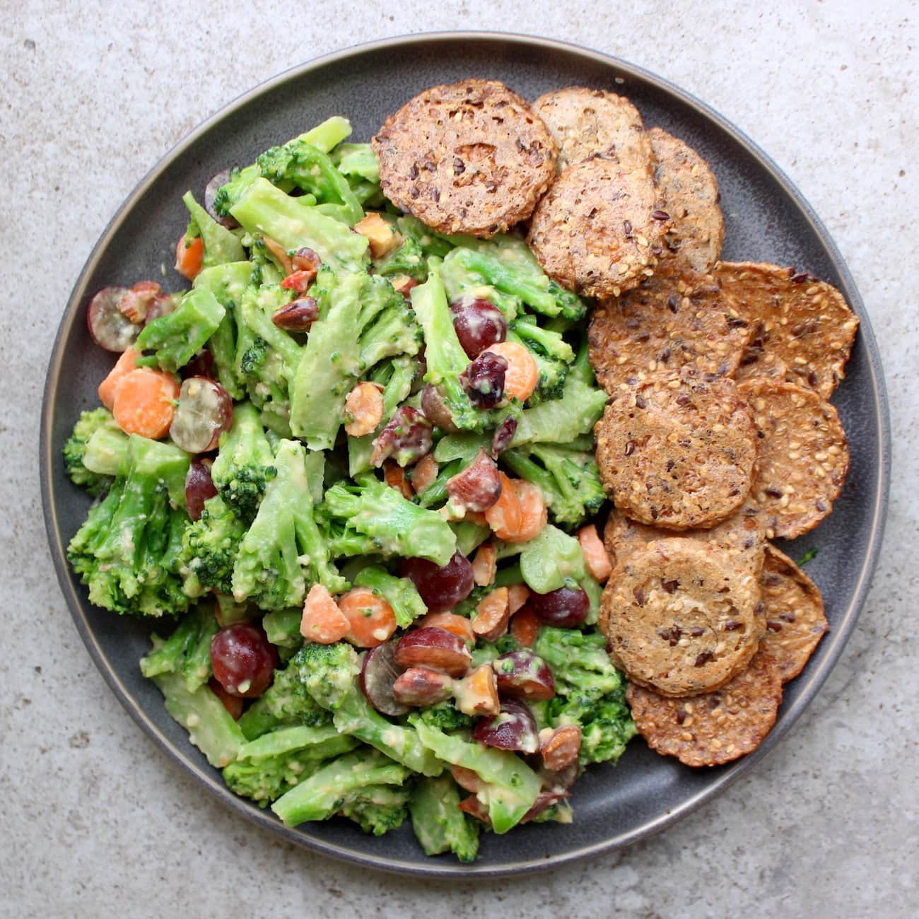 Easy Microwaveable broccoli salad with crackers