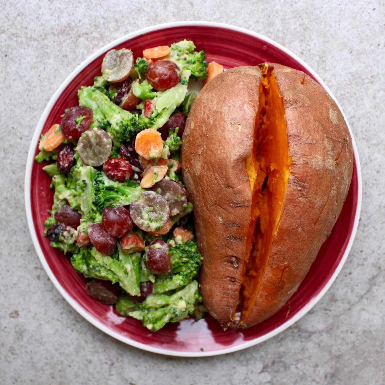 Microwaved sweet potato with easy microwaveable broccoli salad