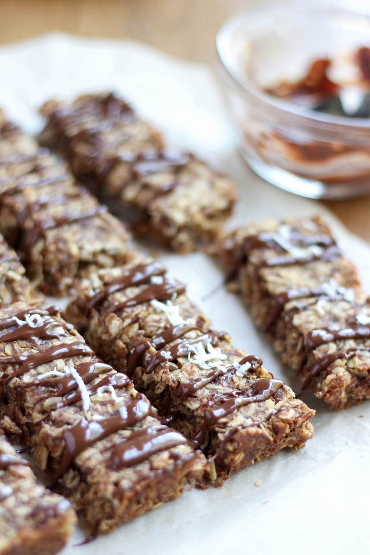 Chewy Almond Butter Date Granola Bars sprinkled with coconut