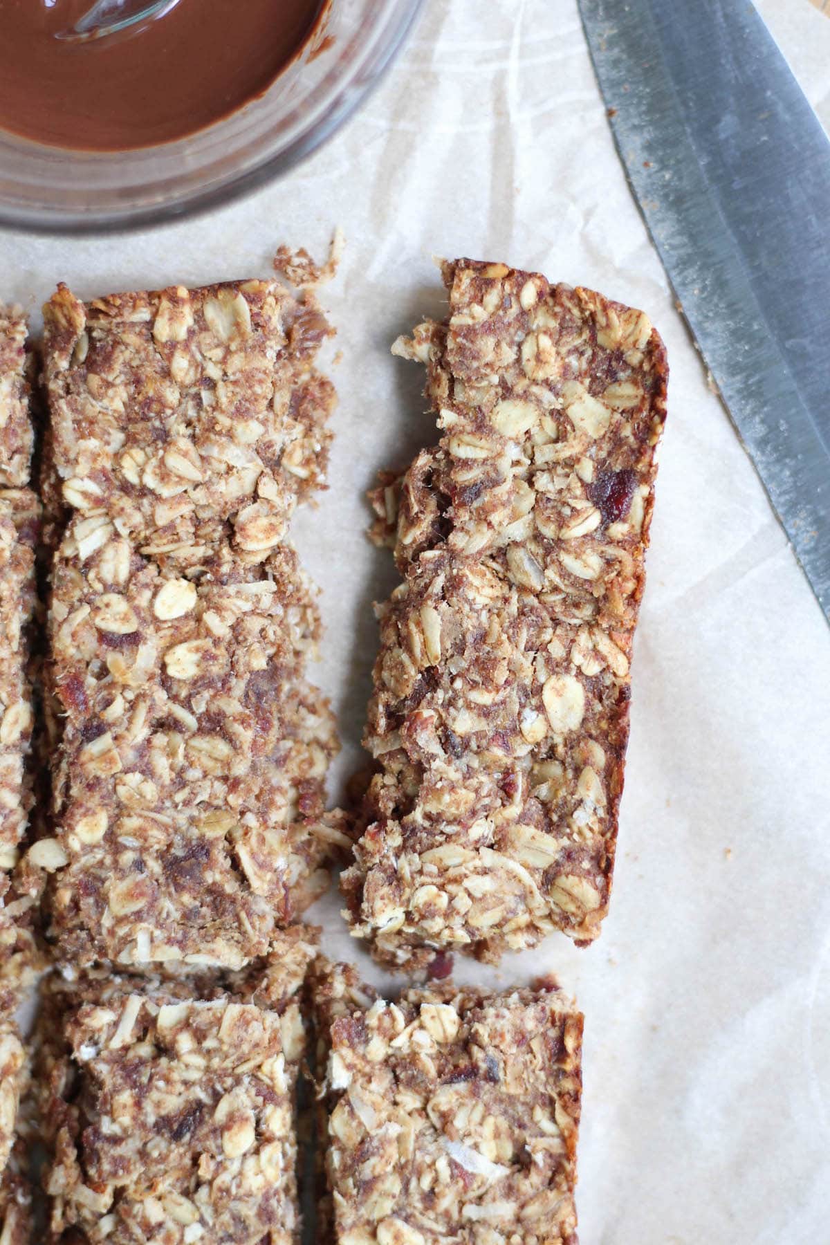 Chewy Almond Butter Date Granola Bars cut into rectangles
