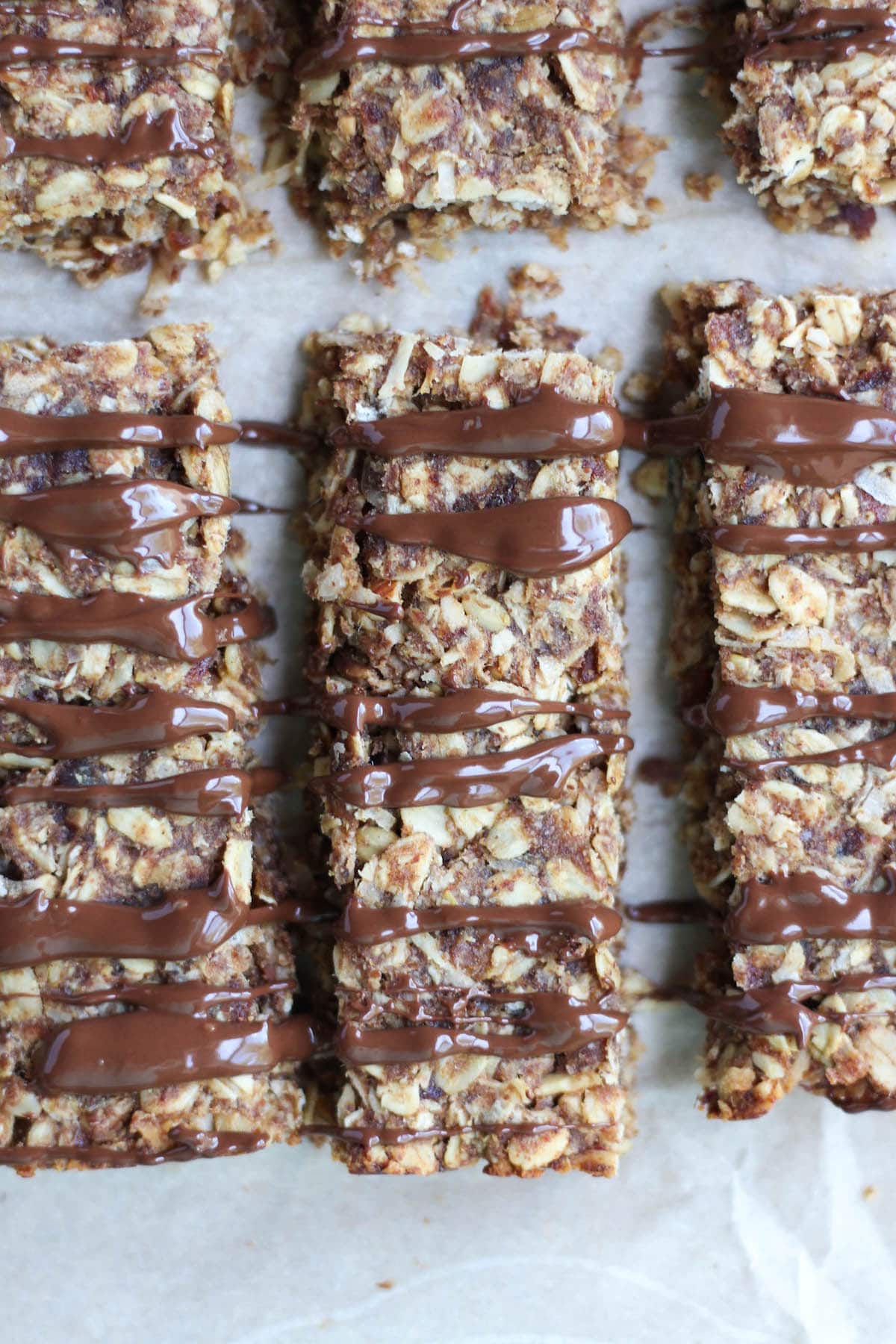 Chewy Almond Butter Date Granola Bars freshly drizzle with chocolate