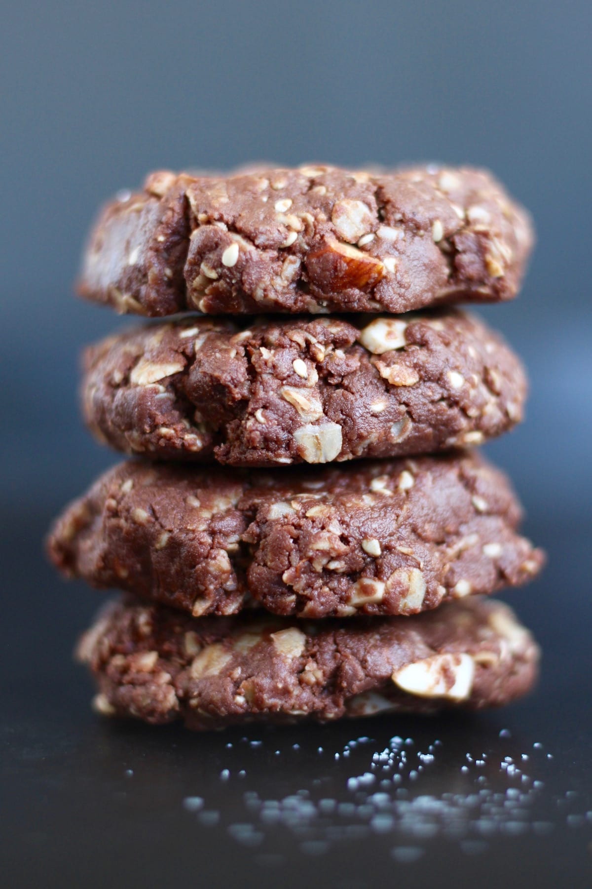 Chocolate Tahini No Bake Cookies stacked on each other