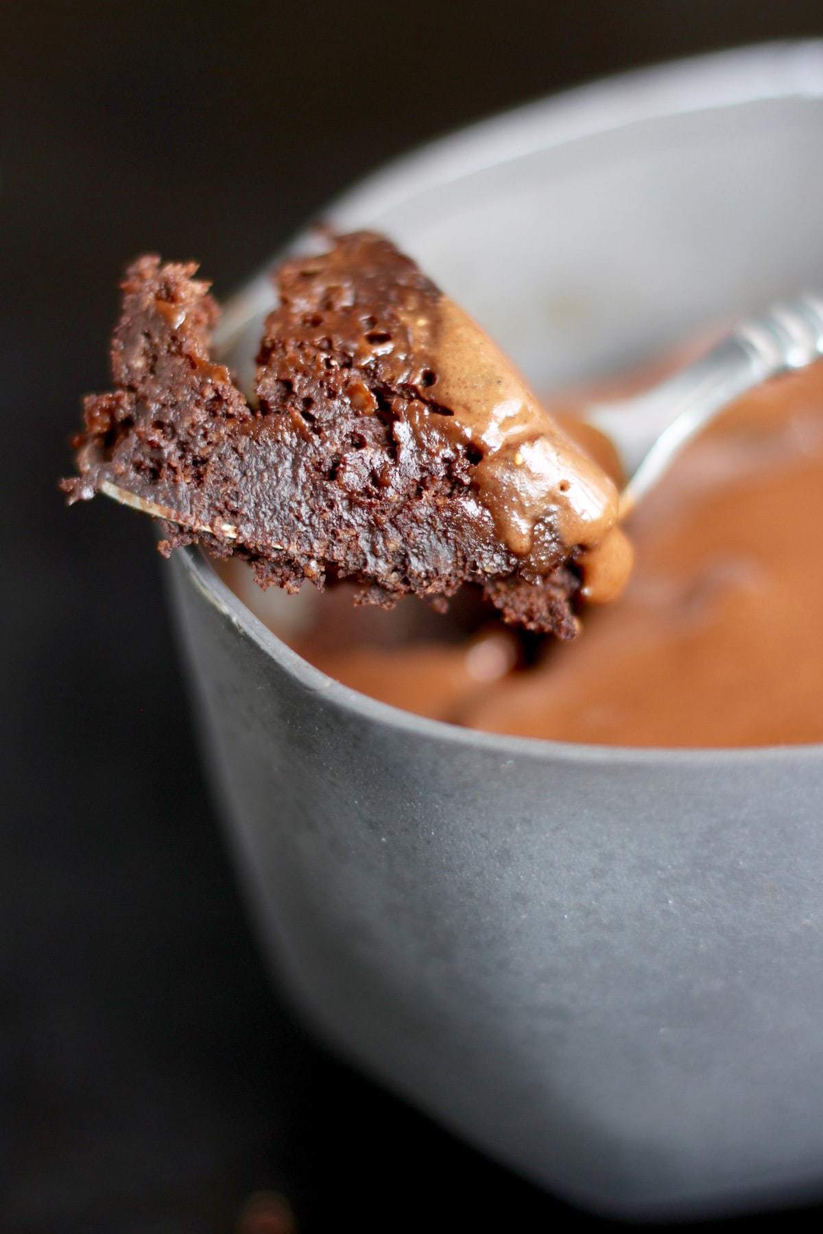 Moist chocolate mug cake with peanut butter frosting