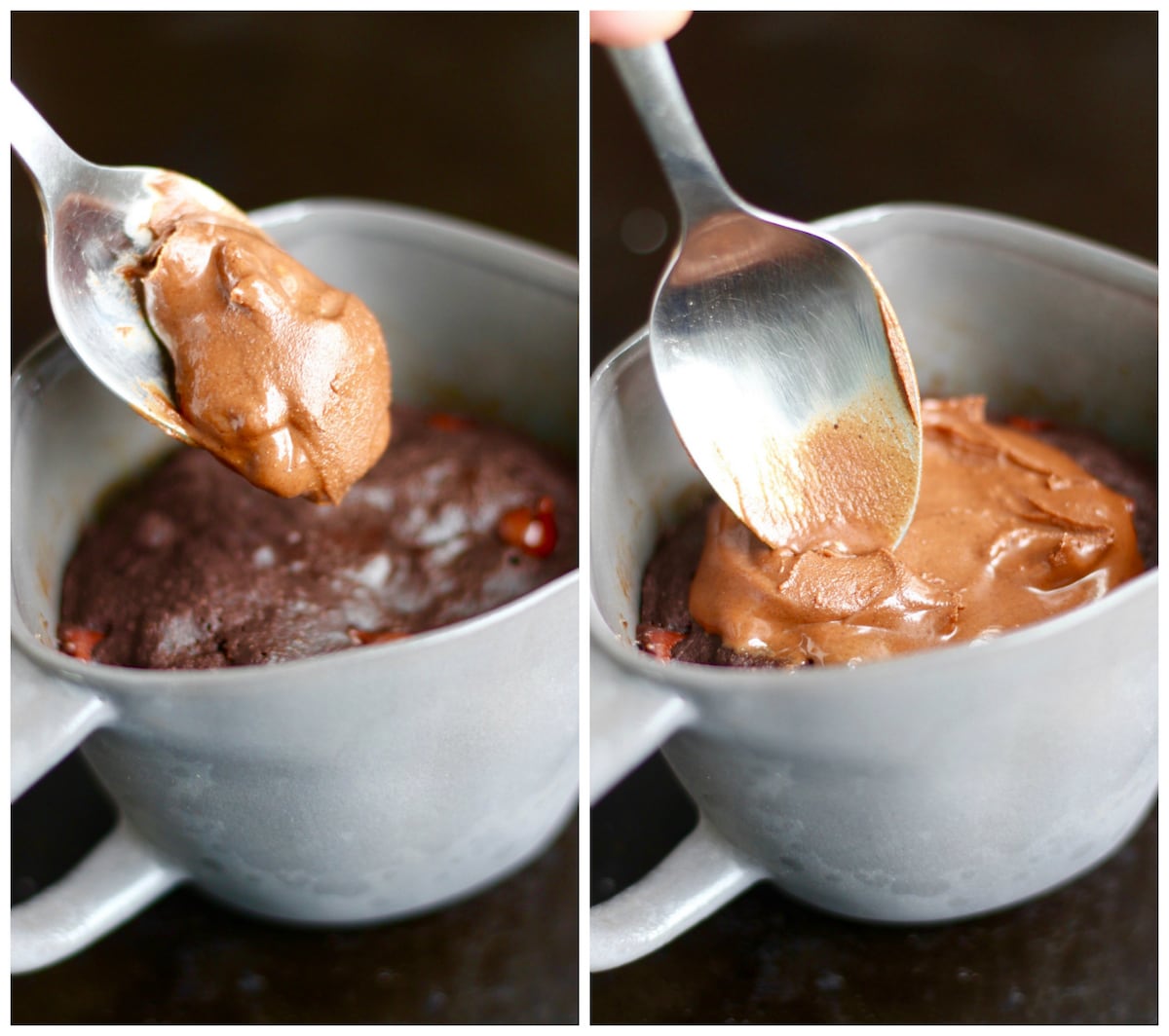 topping a chocolate mug cake with peanut butter