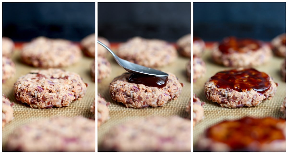 topping veggie burgers with bbq sauce