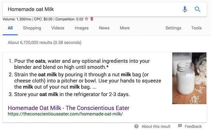 Homemade Oat Milk SEO Results