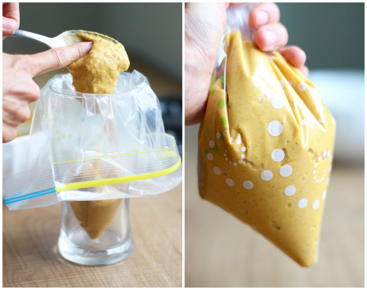 Putting pumpkin donut batter into a piping bag