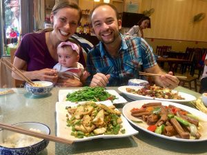 vegan family in china eating dinner