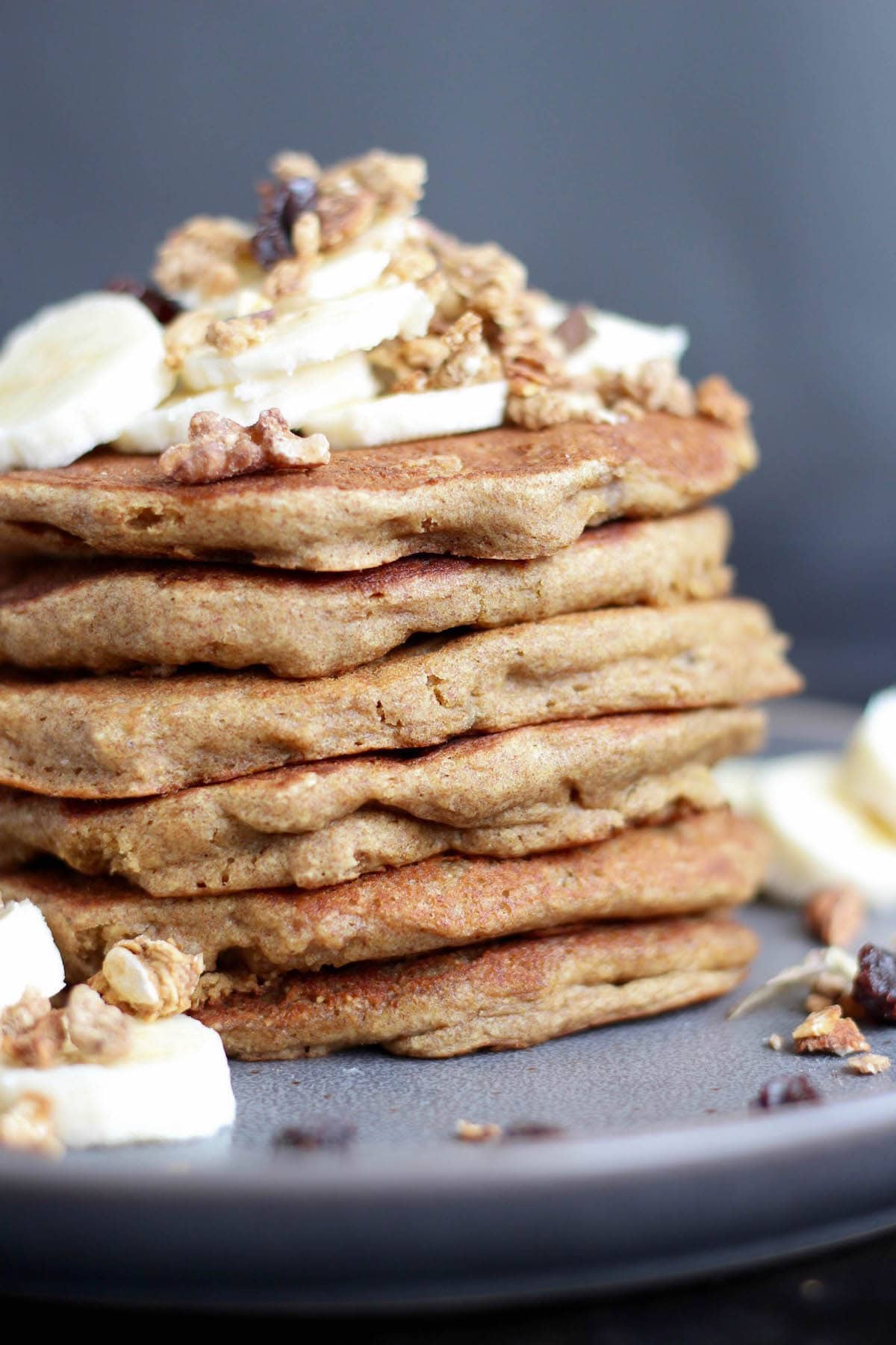 vegan gluten free pancakes stacked on a plate