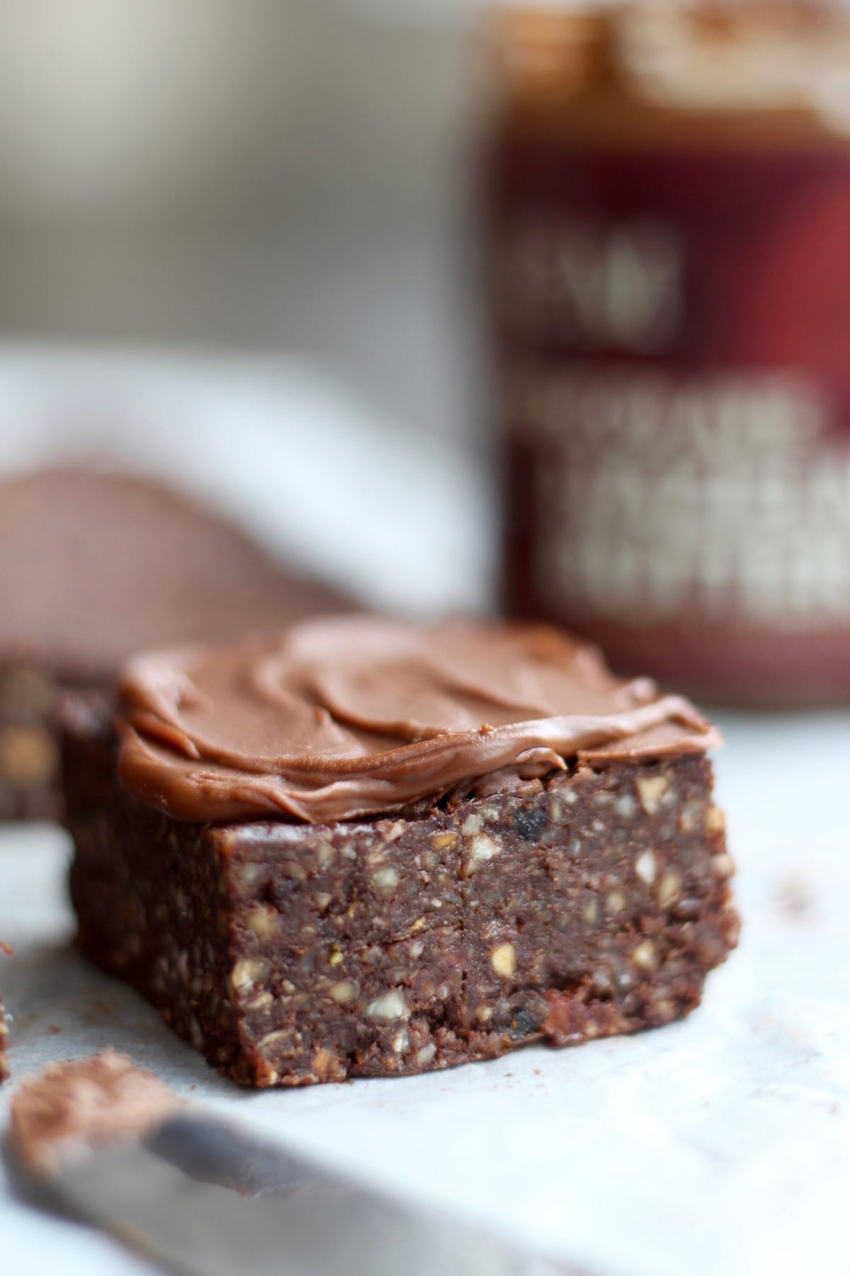 rich hazelnut butter smeared on a no bake Nutella brownie