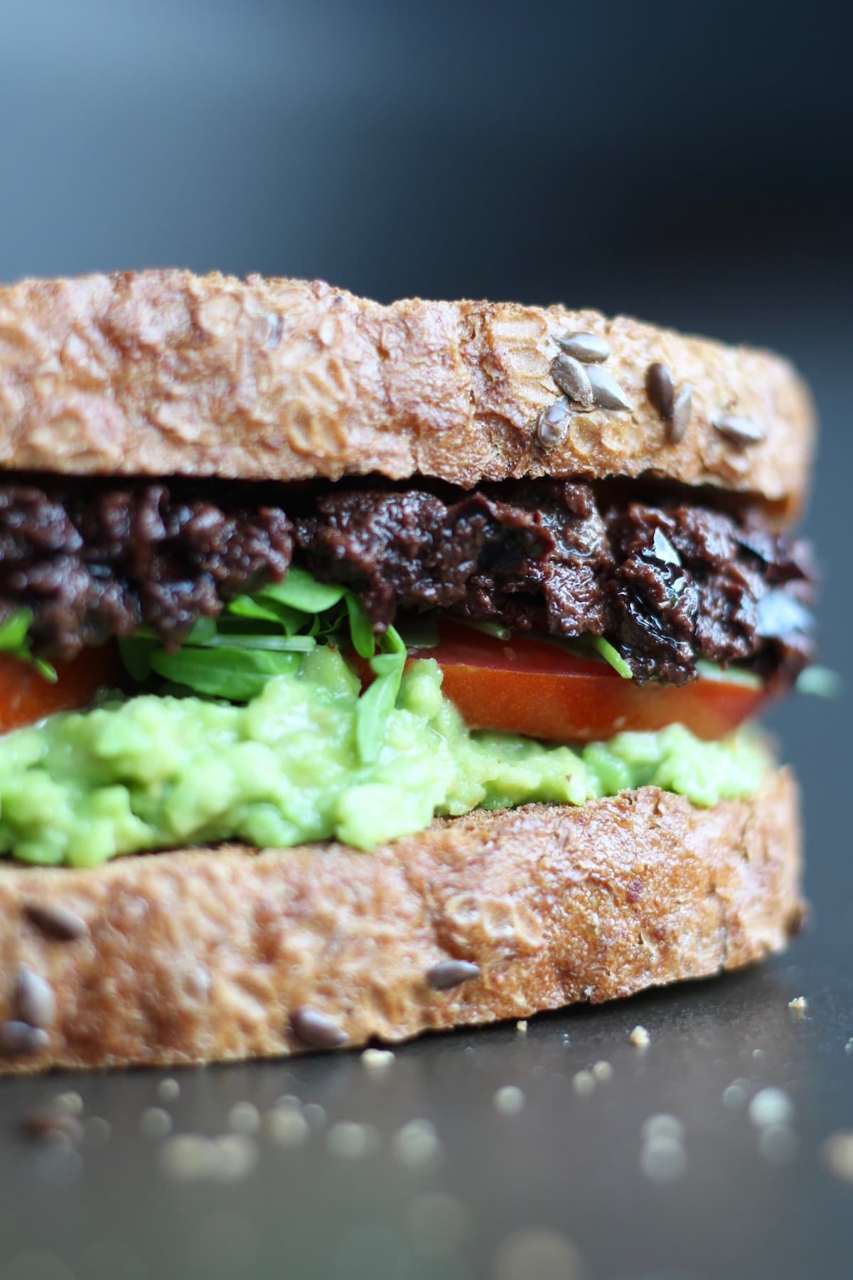 Vegan tapenade and avocado sandwich