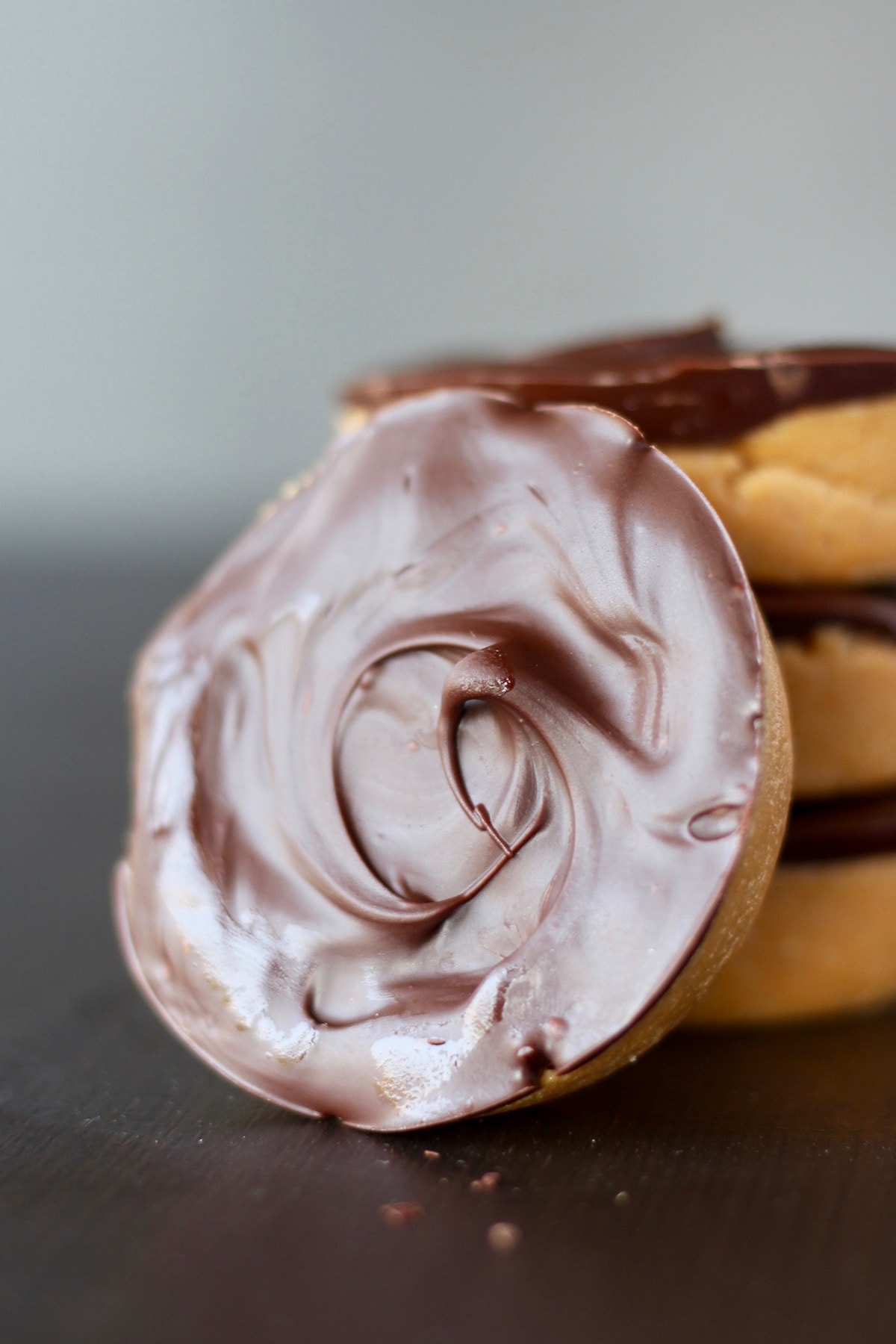 Swirled chocolate coating on a peanut butter cup