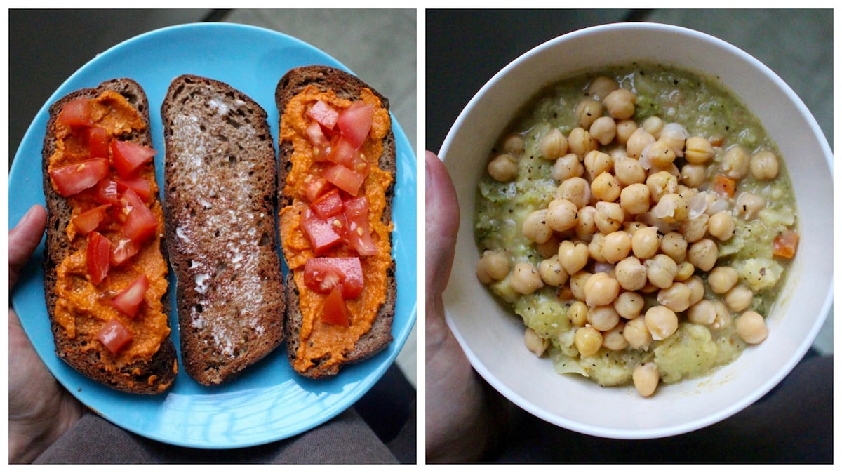 Hummus toast and creamy broccoli, cauliflower soup with chickpeas