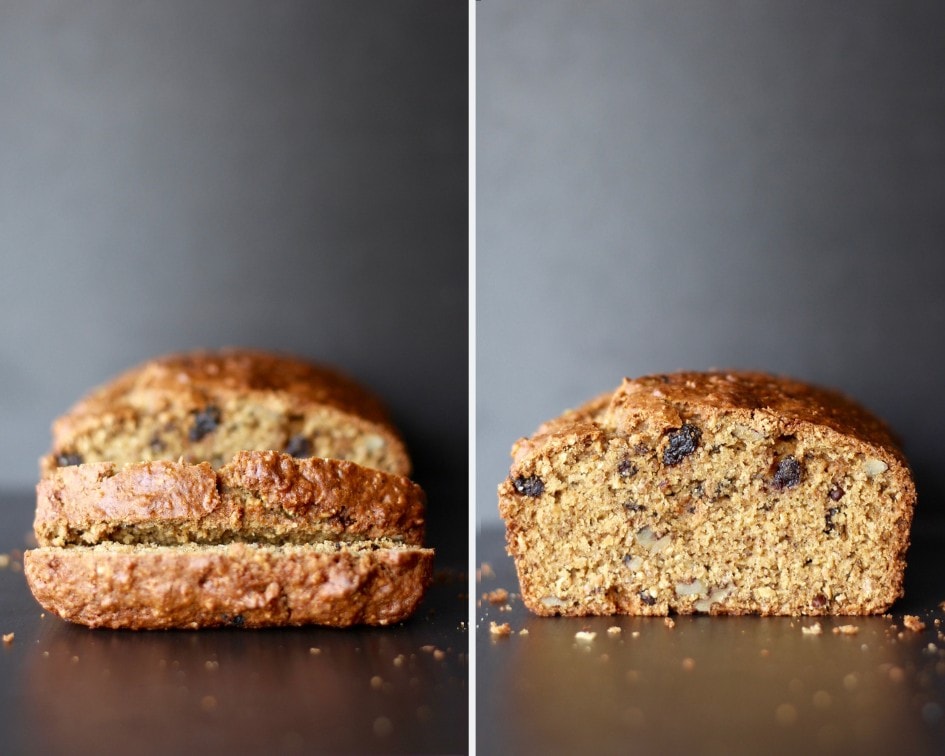 a loaf of walnut raisin bread sliced