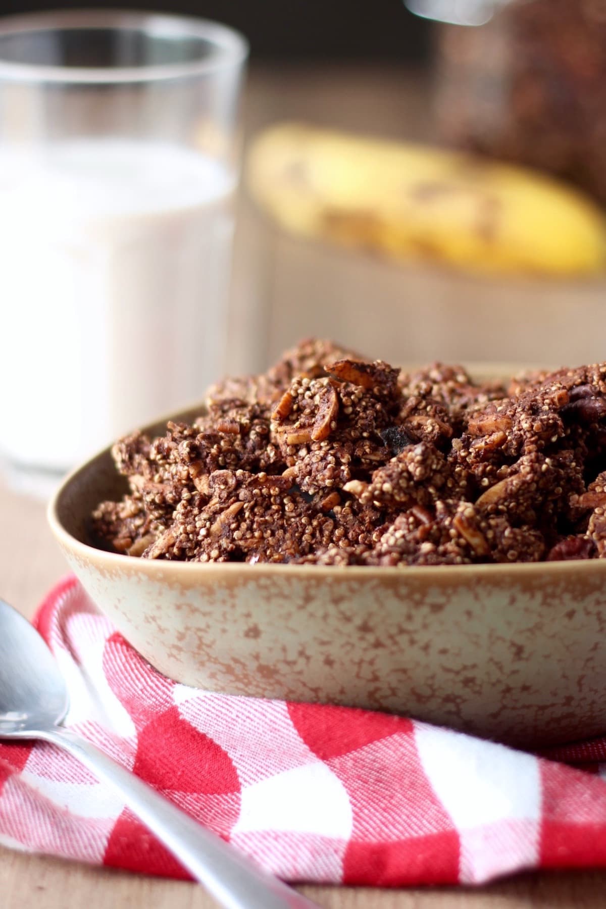 chocolate quinoa granola about to be doused in milk