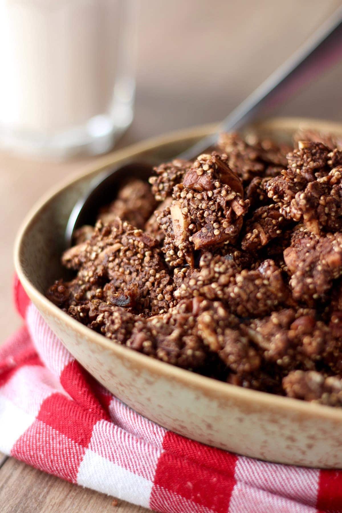 chocolate quinoa granola piled high in a bowl