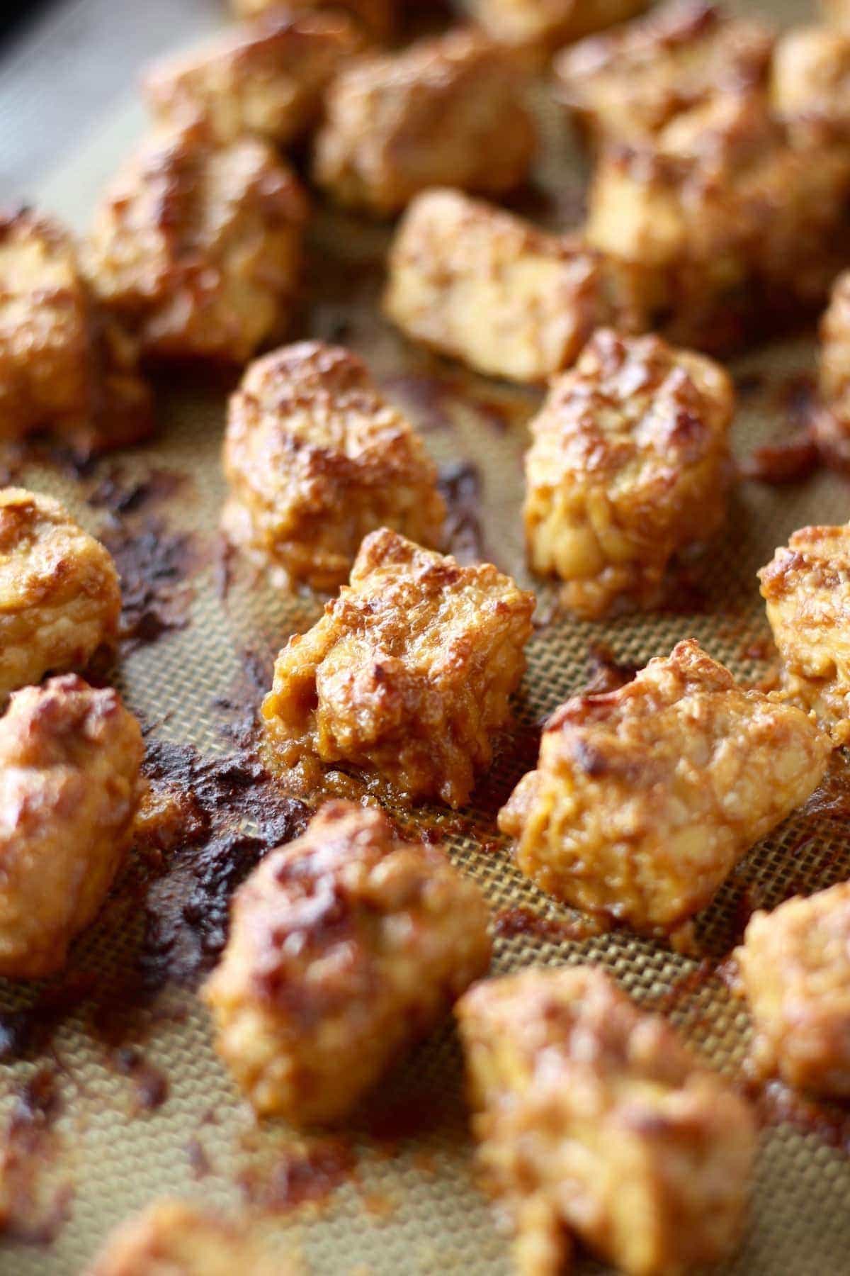 golden brown peanut coated baked tempeh