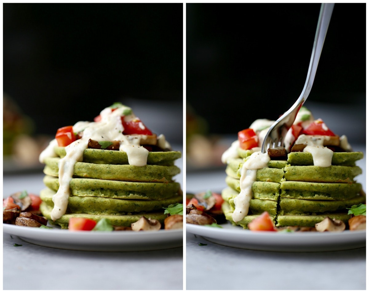 Cutting into a stack of chickpea flour pancakes