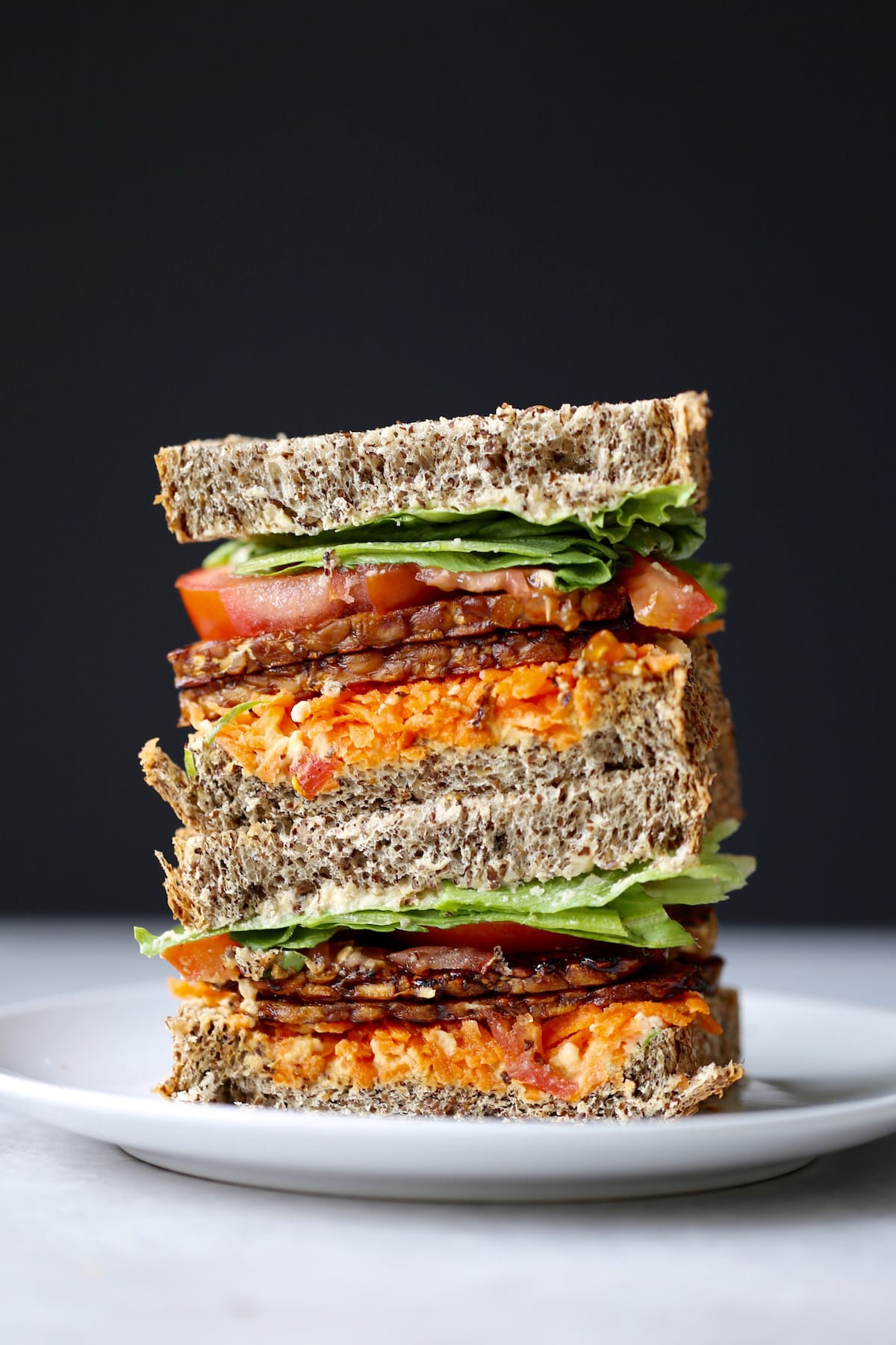 a colorful tempeh bacon sandwich