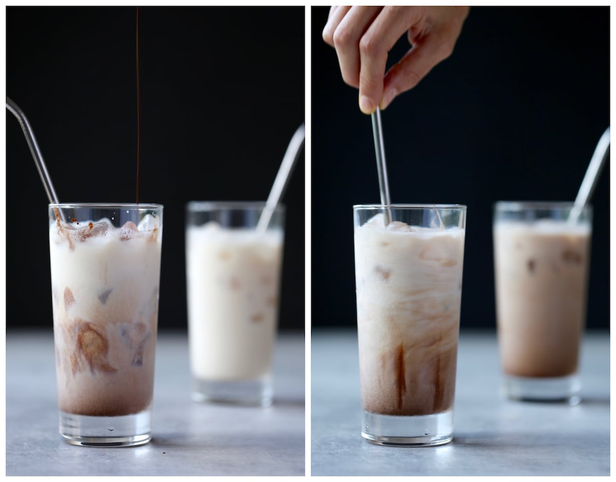 chocolade siroop wordt geroerd in melk