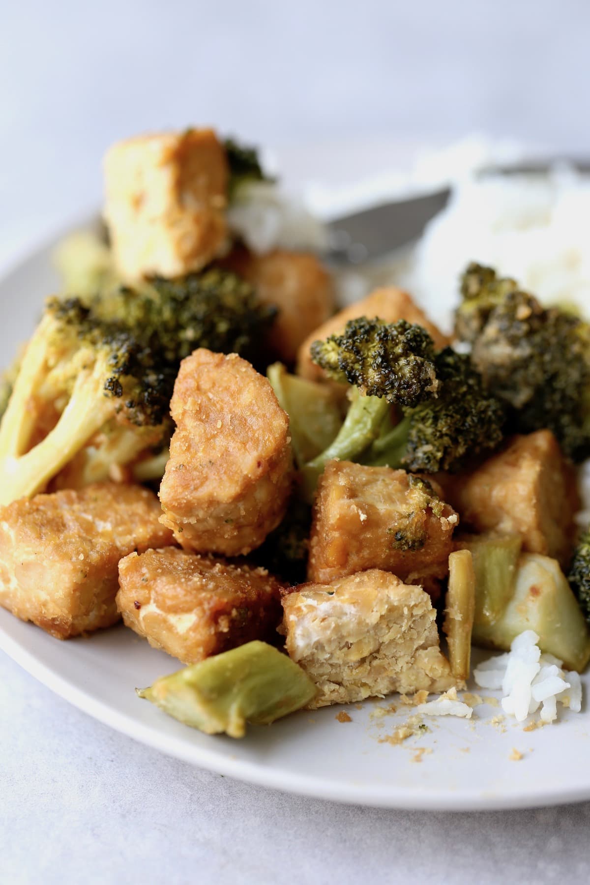 golden brown peanut butter tempeh and broccoli and rice on a plate