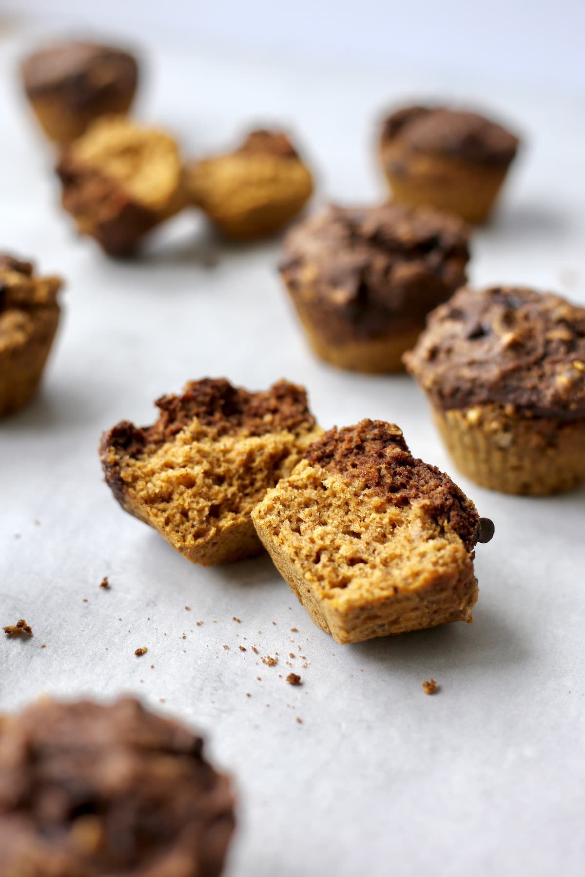 a broken open pumpkin and chocolate muffin 