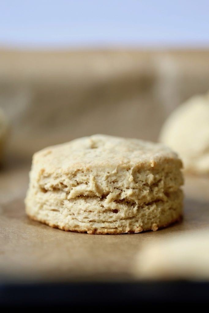 a vegan biscuit cooling on parchment paper