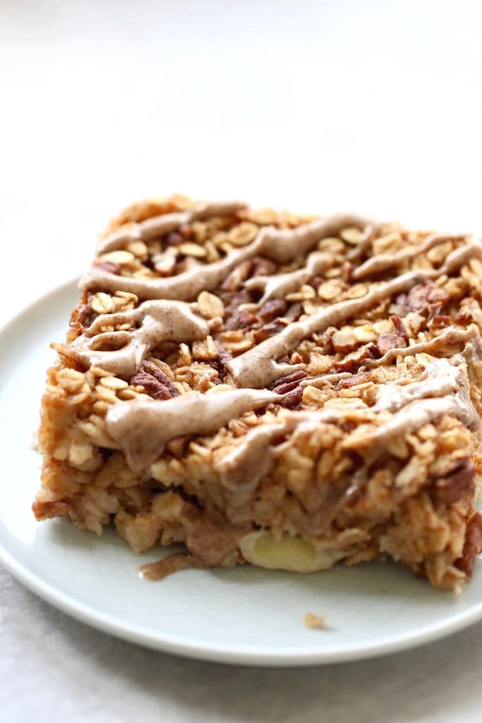 maple pecan baked oatmeal drizzled with pecan butter