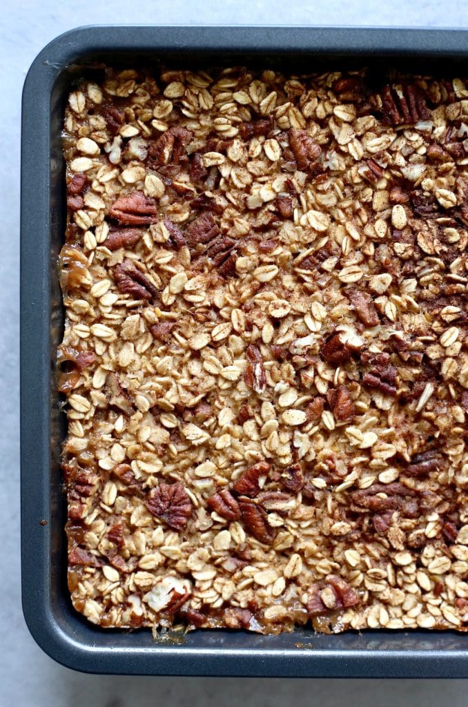 maple pecan baked oatmeal in a pan