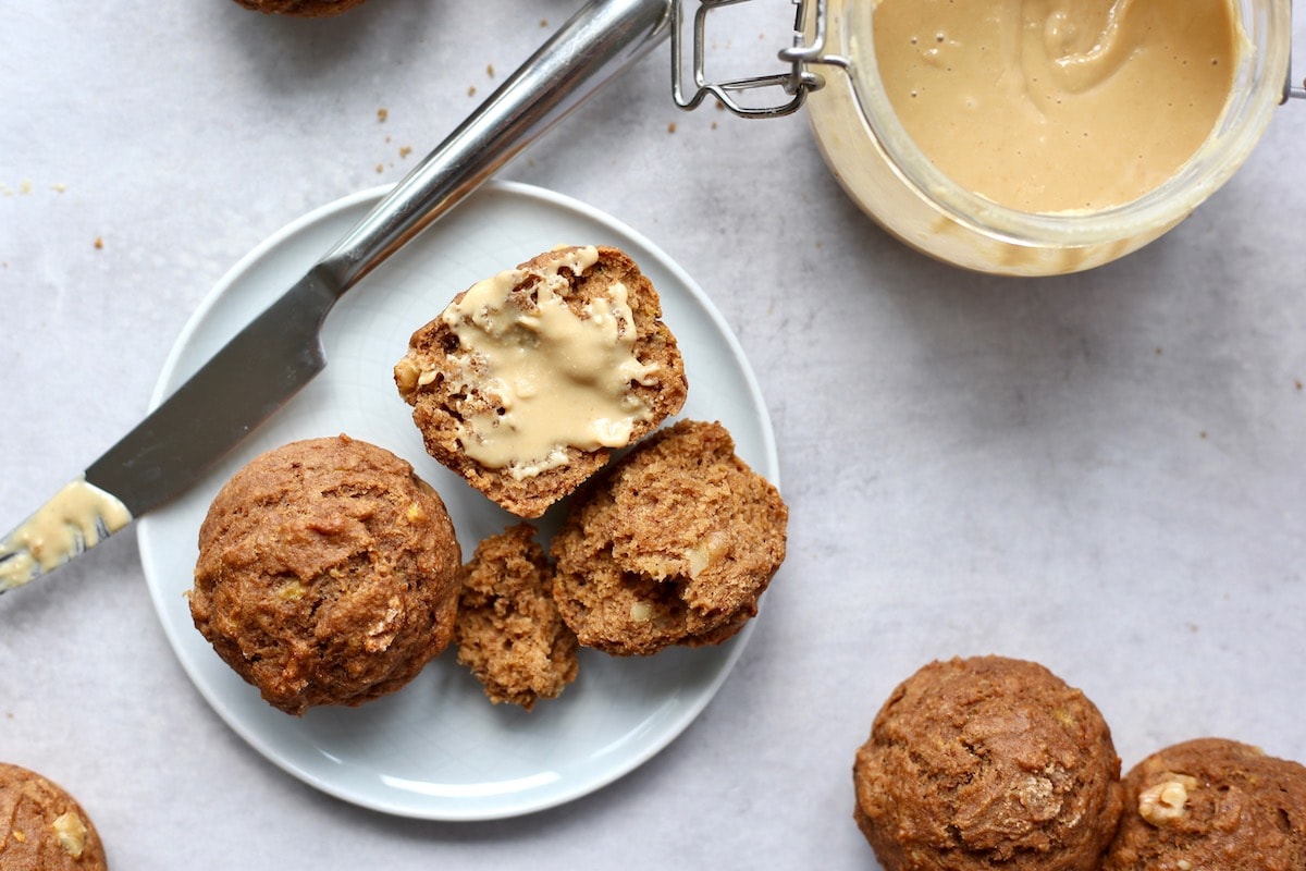 banana nut muffins spread with peanut butter