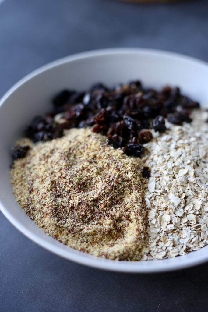the dry ingredients for no-bake energy bites in a bowl