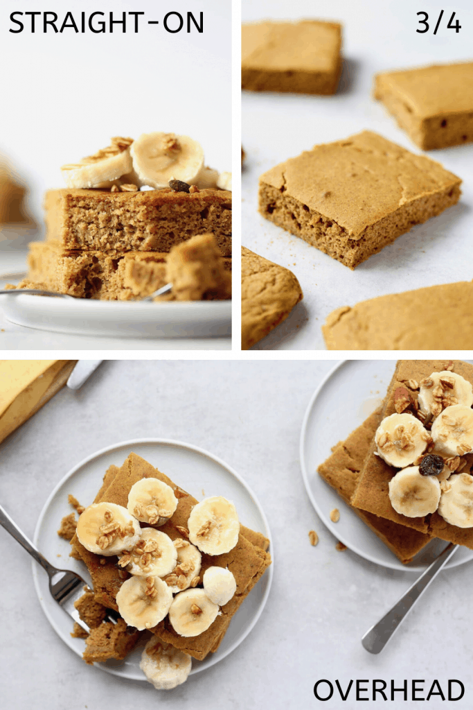 a collage showing the three best food photography camera angles, straight-on, ¾ and overhead