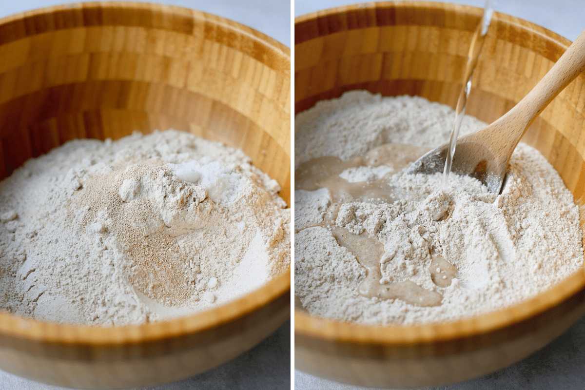 pouring water into a mixture of flour, salt and yeast