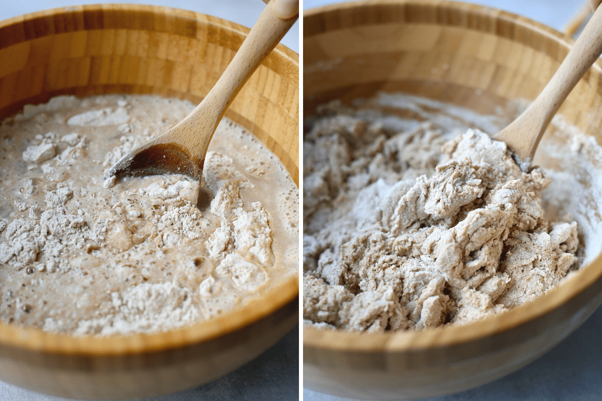 Stirring dough together with a wooden spoon