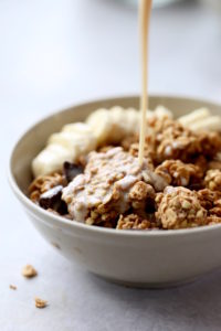 vegan granola with milk being poured out