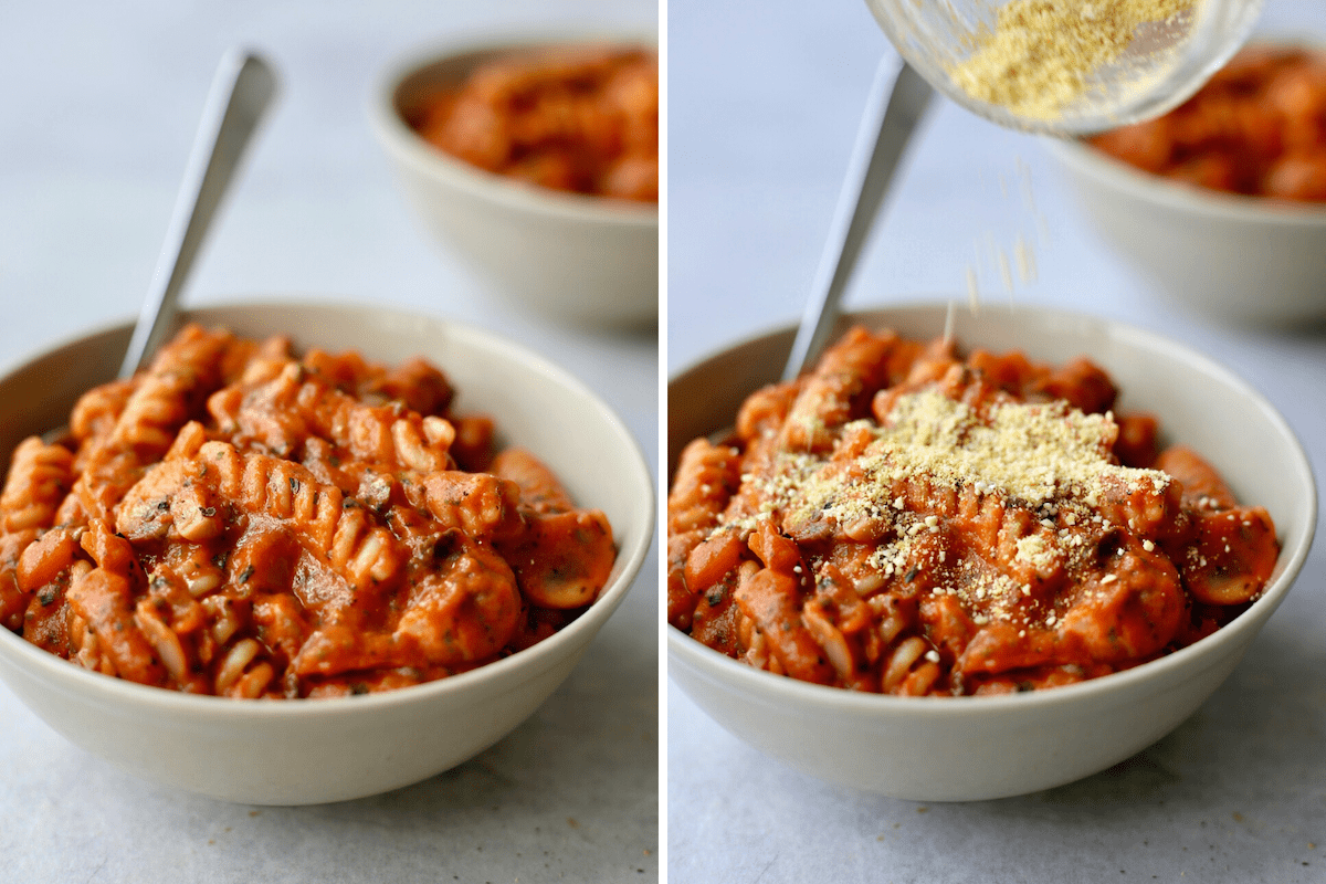 a collage showing vegan parmesan cheese being sprinkled on top of creamy one-pot marinara pasta