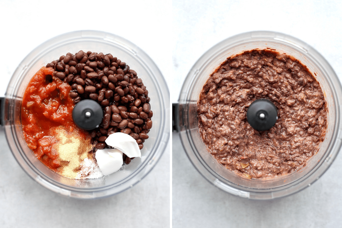 cheesy vegan black bean dip before and after processing in a food processor