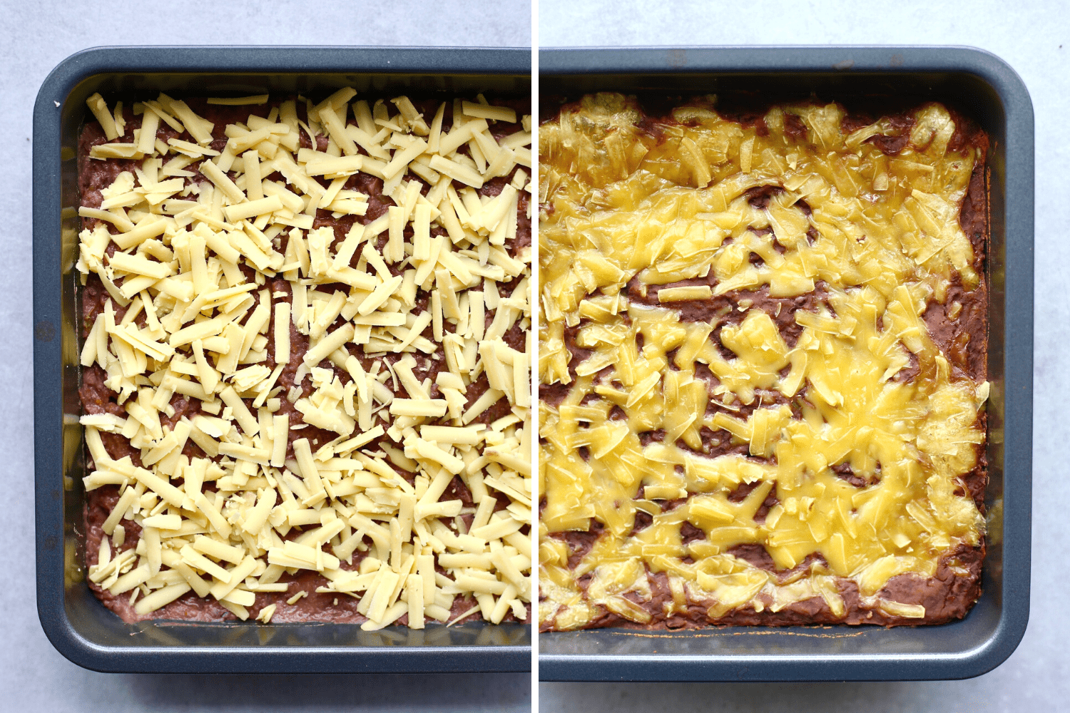Cheesy vegan black bean dip before and after baking