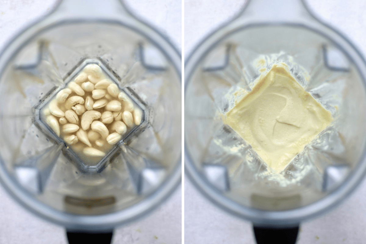 A collage showing a creamy cashew dressing before and after blending