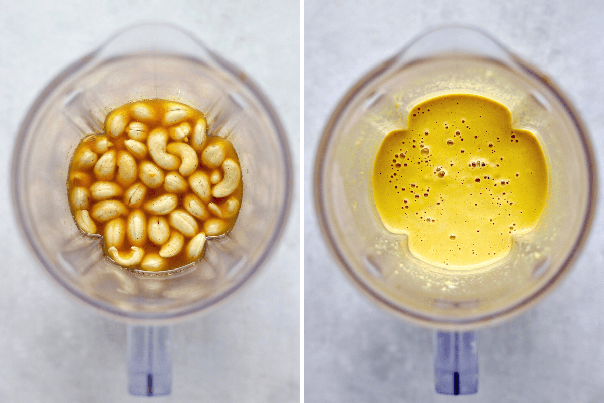 a collage of cashew nacho cheese ingredients in a blender and the cashew cheese blended until smooth