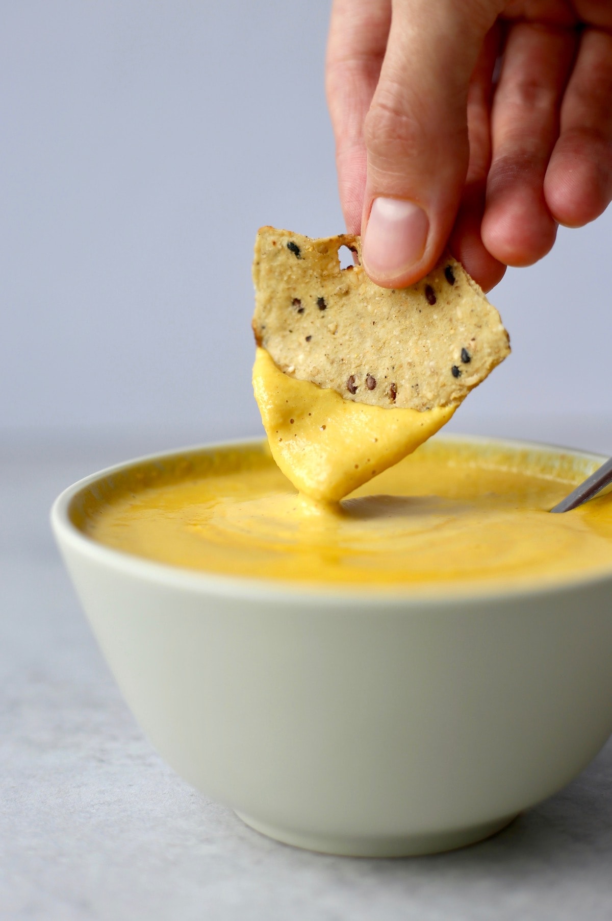 A multi-grain tortilla chip being dipped into vegan nacho cheese dip