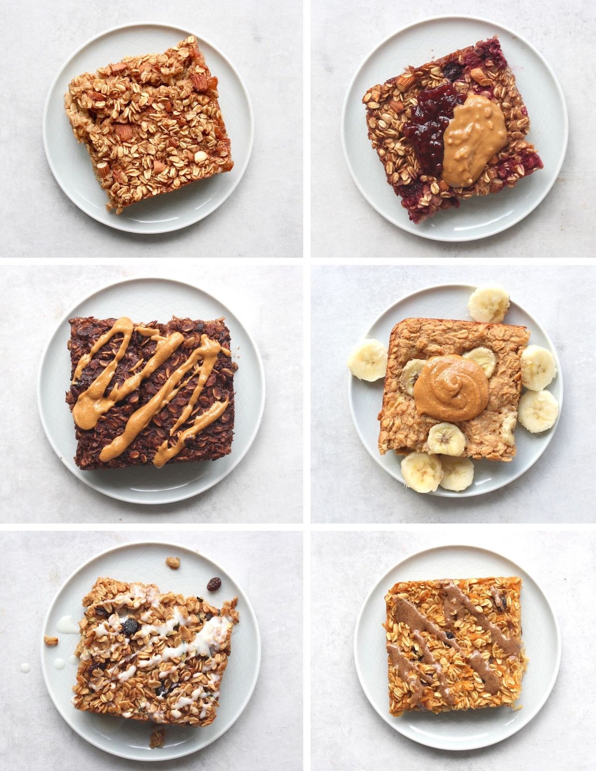 a collage of 6 different flavors of baked oatmeal