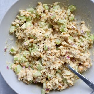 chickpea tuna salad with no mayo in a bowl with a spoon