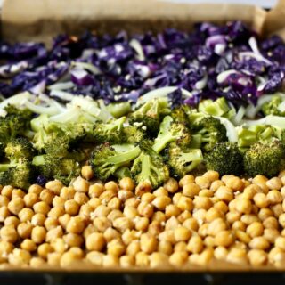 Chickpeas, broccoli and red cabbages perfectly roasted on a sheet pan