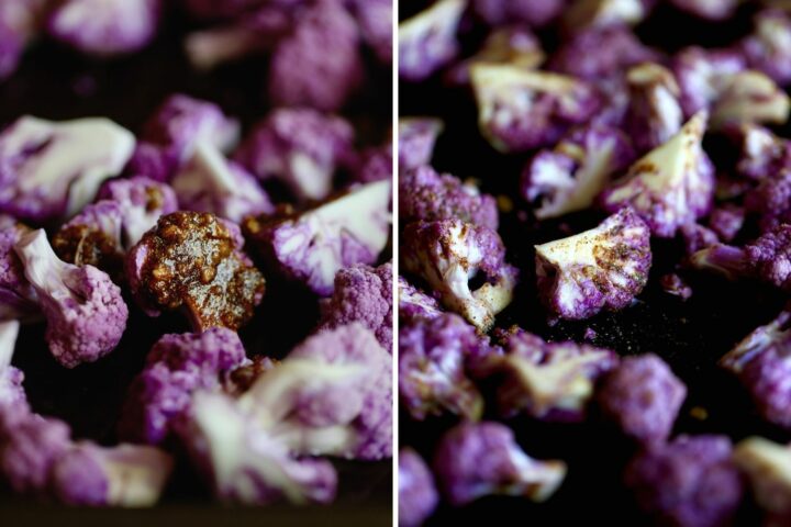cauliflower florets getting coated in olive oil, garlic, coriander and smokey chipotle powder